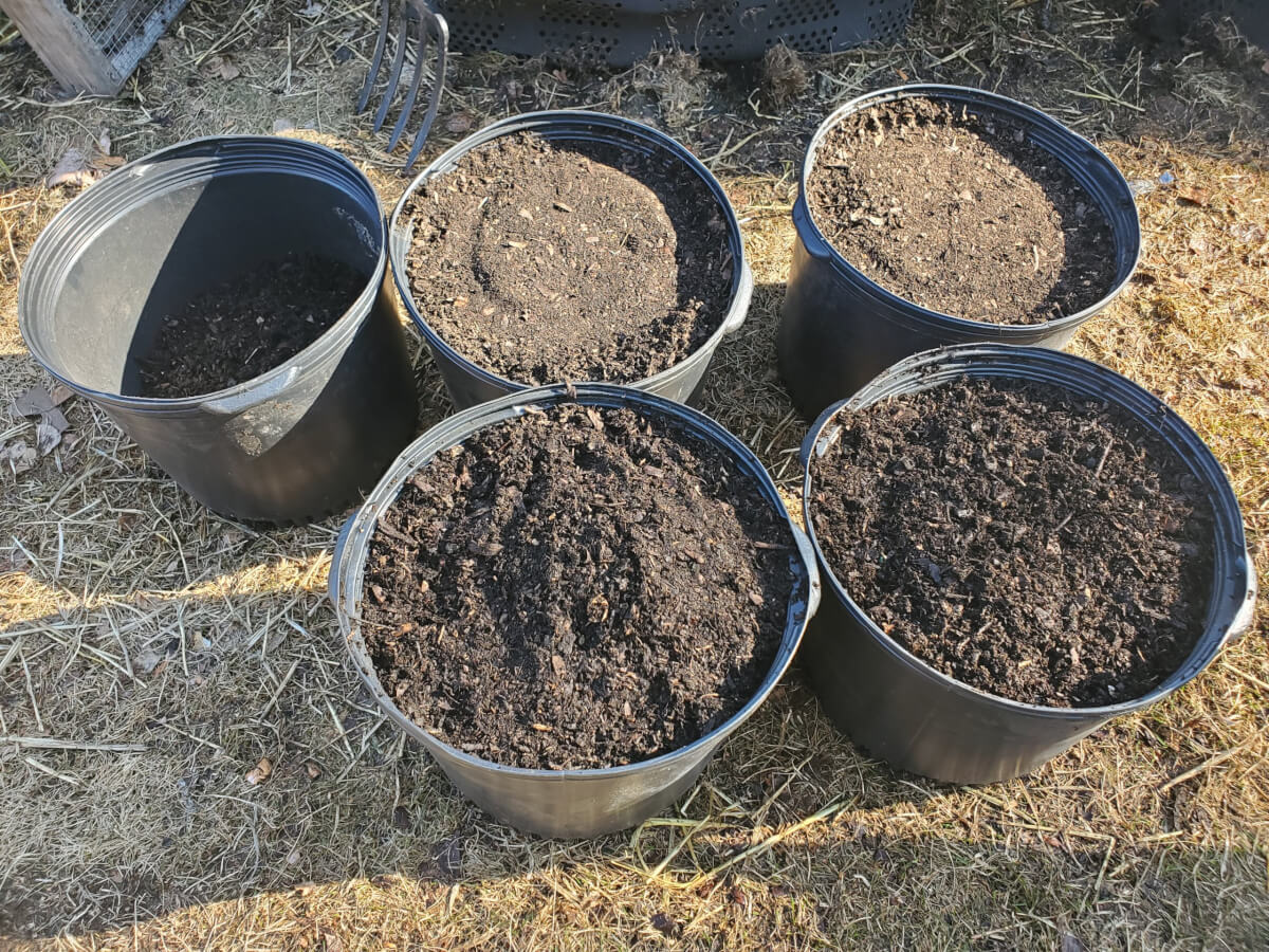 Finished compost stored in containers